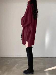 EMERY ROSE 女式纯色高领开衩宽松时尚毛衣裙 - 酒紅色 - 查看 3