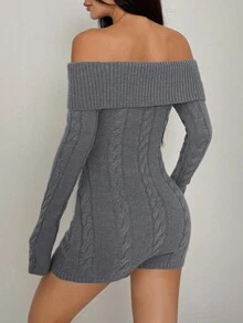 FavEase 时尚性感露肩合身针织连体衣 - 灰色 - 查看 2