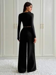 SHEIN Tall 2 件套女士纯黑色休闲家居服套装，长袖上衣和裤子，适合秋冬季，高码 - 黑色 - 查看 2