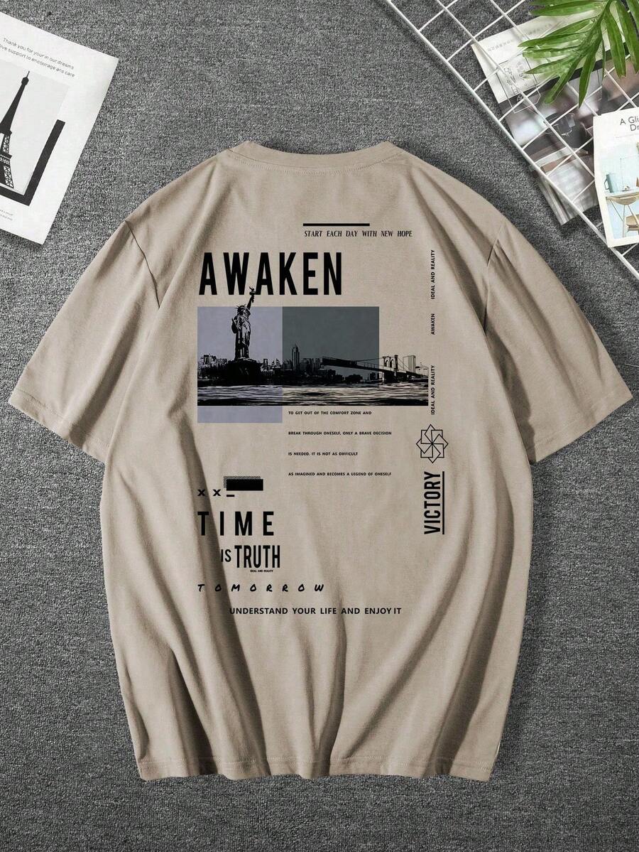 Manfinity Hypemode Men's Casual Slogan Printed Short Sleeve T-Shirt For Summer - Apricot - View 1