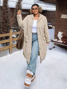 SHEIN EZwear 大码休闲连帽长款双面珊瑚绒夹克 - 杏色 - 查看 1