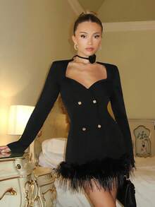 Relinas Blazer classique Glamine noir à manches longues et double boutonnage pour femme, coupe slim et flatteuse, ourlet bordé de fourrure, convient pour les sorties du soir, les dîners de gala et les thés, tenues de sortie, vêtements d'automne et d'hiver pour femmes