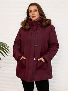 Rosumi Plus Size Women Winter Casual Solid Color Zip-Up Waterproof Casual Warm Patchwork Fur Collar Detachable Hooded Padded Coat With Pockets, Winter,Going Out Outfits, New Clothes,Simple And Fashionable For Everyday Wear, Plus Size Jacket, Winter Coat, Coats For Women Plus, ,New Year Clothes ,Hooded  Padded Coat,Wine Red Quilted Jacket, - Red Violet - View 6