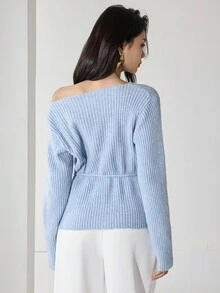 Modelyn 女士纯色系带休闲套头毛衣秋冬女装 - 藍色 - 查看 6