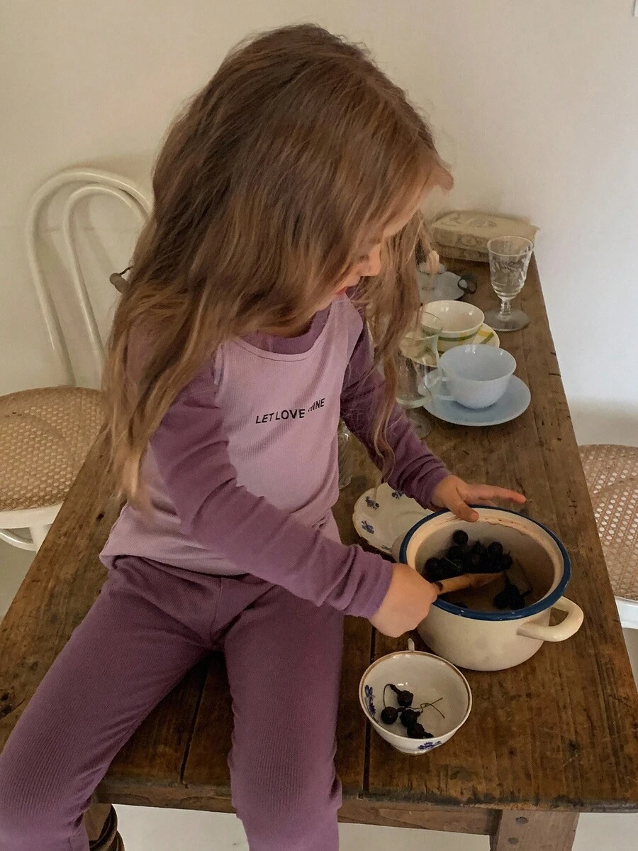 DAZY 2件套年轻女孩圆领印花长袖T恤+裤子家居服套装 - 紫色 - 查看 1