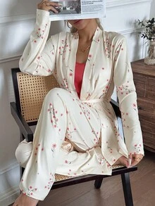 CottageSlumber Bộ đồ ngủ gồm 3 món áo hai dây dệt hoa nhỏ xinh xắn dành cho nữ, quần và áo choàng, đồ ngủ mùa đông - Nhiều màu - Xem 7