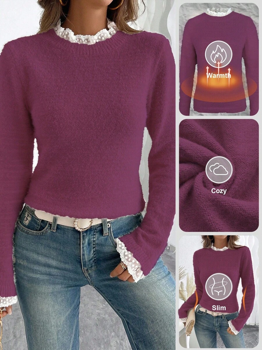 EMERY ROSE Fashionable & Sweet Lace Collar 3D Soft Faux Fur Pullover Sweater, Versatile For Autumn/Winter - Red Violet - View 1