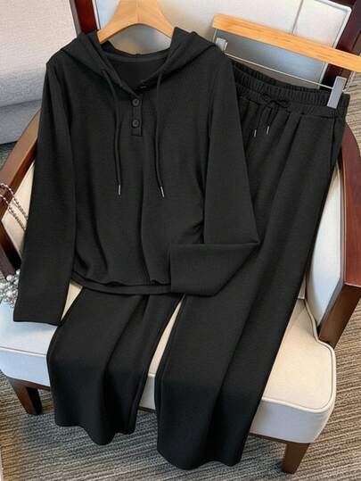 Franclia 2 件套女士休闲纯色纽扣半拉链连帽上衣和裤子套装，秋季