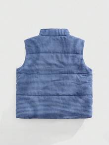 ROMWE MEN Prep 男士休闲学院风字母刺绣格子印花立领棉背心，秋冬 - 藍色 - 查看 2