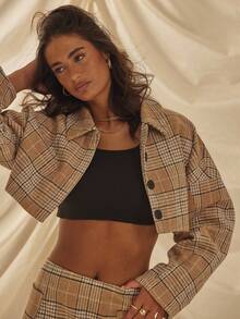 Aralina Winter / Fall Super Cropped Boxy Fit Wool Plaid Jacket Checkered Button Up Balloon Sleeve Stockholm Style And Country Style Jacket - Multicolor - View 9