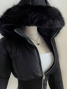 Elamini 女士时尚杏色复古拼接短款皮草连帽束腰立领长袖短款棉服外套，适合秋冬季