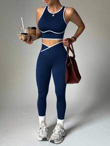 Dewbera 女式撞色镶边圆领露背上衣和高腰裤运动套装 - 藏蓝色 - 查看 2