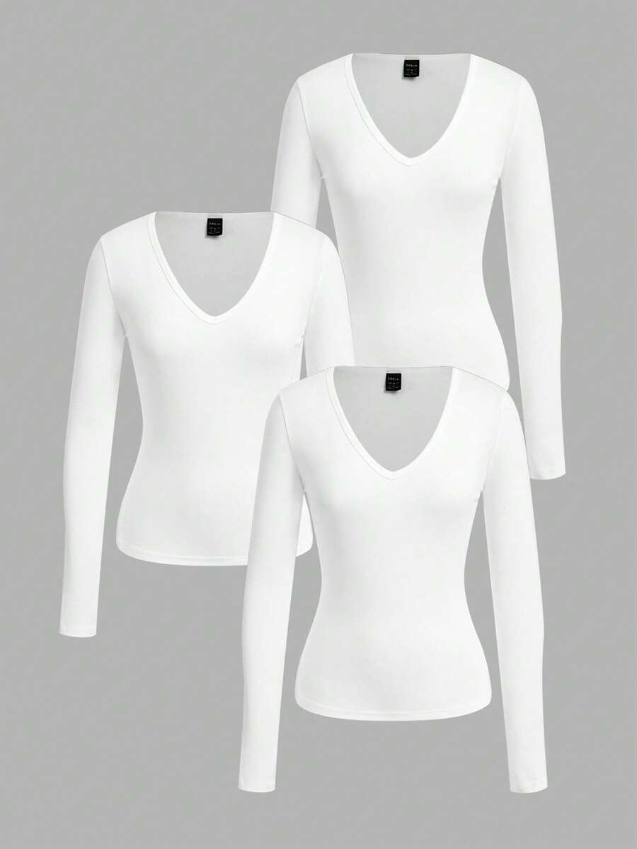 SHEIN EZwear 3件套女士深V领紧身休闲长袖T恤套装,白色,秋冬 - 白色 - 查看 1