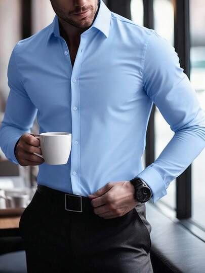 Manfinity Mode 男士時尚休閒長袖襯衫，純色鈕扣長袖襯衫，正式，老錢風