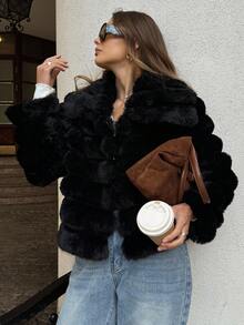 SHEIN BAE 黑色圆领短款羊毛仿皮草外套 女士外套 白色派对礼服 婚礼季 情人节 秋冬系列 仿皮草外套 - 黑色 - 查看 6