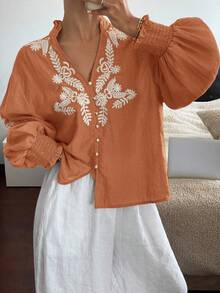 Serisse Áo sơ mi cài nút thêu hoa ngày lễ giản dị màu trắng dành cho nữ - trái cam - Xem 4