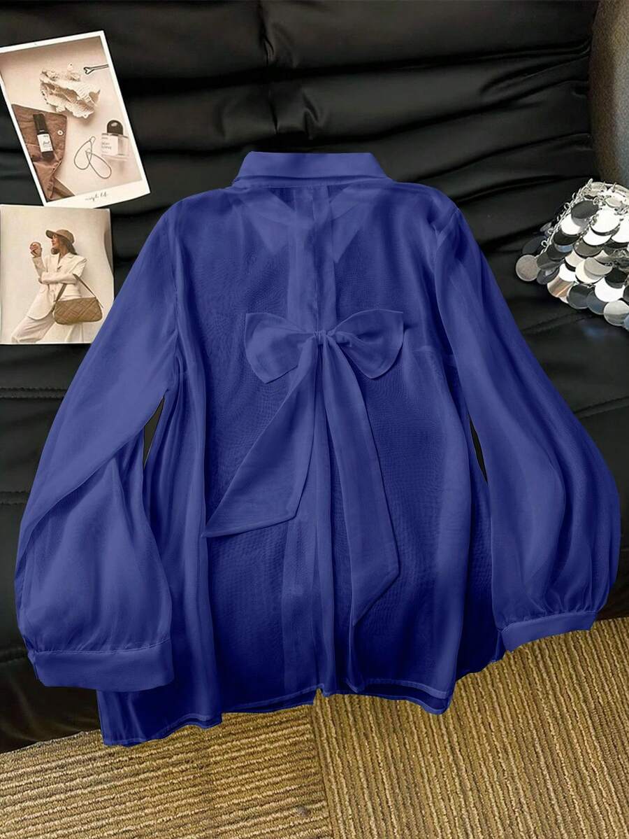 SHEIN Clasi Casual White Sheer Blouse With Bowknot - Royal Blue - View 1