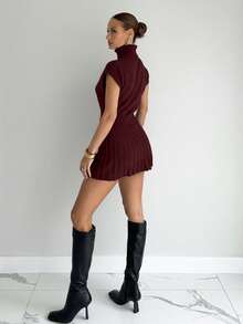 Siren Gaze 秋冬新款高领针织上衣+针织混纺中裙两件套女 - 酒紅色 - 查看 2