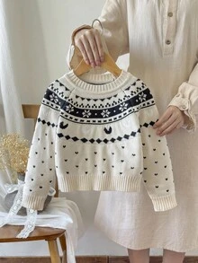 Young Girl Geometric Pattern Round Neck Raglan Sleeve Casual Sweater, Autumn/Winter - Multicolor - View 1