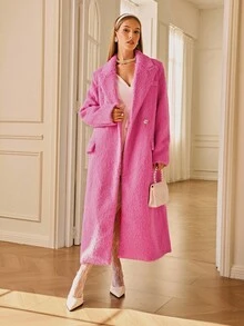 Aveloria Rosie Elegant Lady's Straight Shoulder Square Rhinestone Button Lapel Long Sleeve Long Wool Blend Coat - Pink - View 3