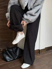 DAZY Quần dài lưng thun co giãn thẳng màu trơn lót nhiệt dành cho nữ, thích hợp mặc đi làm vào mùa thu/đông Quần dài thường ngày lót nhiệt màu trơn dành cho nữ - màu đen - Xem 4