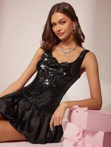 Enchnt Romantic Black Sequined Mini Princess Dress With A Cute Bow Embellishment And Bubble Hem Is Perfect For Autumn And Winter. Stylish And Elegant, It's Suitable For Parties, Dates, Holidays, Graduations, The Office, Outings, Halloween, Christmas, And Other Occasions. Also Suitable For Autumn Women's Wear, Autumn Outfits, Autumn Suits, Carnivals, And New Year's Women's Wear. - Black - View 3