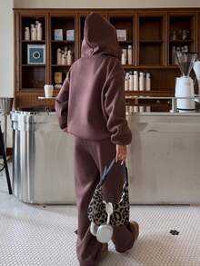 SHEIN EZwear 2PCS Brown Sweatshirt Set Hooded Double Zipper Sweatshirt And Sweatpants Casual Sports Suit Zipper Hoodie Women's Winter Clothing - Brown - View 2