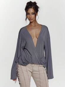 MUSERA Blusa de manga larga con cuello en V profundo, ajuste holgado, detalle de nudo delantero, sexy para salir de noche, invierno, linda ropa de calle, vacaciones, fiesta, primavera festiva - Gris Oscuro - Ver 5