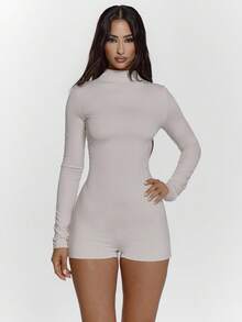 MUSERA 高领修身长袖热裤迷你短款连体裤性感外出秋季夜游可爱街头风 Feraux 优雅新年春季夏季假期节日 - 白色 - 查看 6