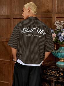 SWAVVY 标准尺寸男士时尚休闲蓝白条纹短袖花卉刺绣宽松衬衫 - 棕色 - 查看 8