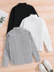 SHEIN 3 件套儿童/青少年男童舒适百搭拉绒高领长袖 T 恤套装，黑色、白色、灰色，适合上学、外出、秋季服装、秋冬 - 彩色 - 查看 5