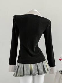 Elamini New Autumn/Winter Contrast Color Button-Up Slim Fit Versatile Office Lady Shirt - Black - View 2