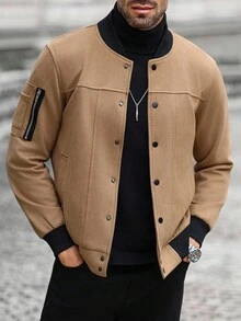 Manfinity CasualCool 男士休闲时尚街头拉链袖袋单排扣棒球夹克，秋季 - 卡其色 - 查看 5