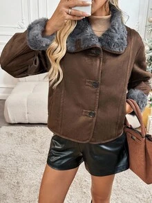 SHEIN LUNE Retro Faux Fur Leather Jacket, Autumn/Winter, Christmas - Light Grey - View 5