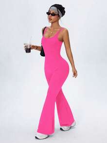 Core Rhythm Monos deportivos de mujer con pierna acampanada y unicolor - Rosa Fucsia - Ver 4