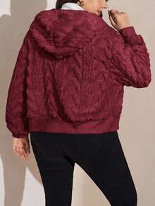 SHEIN LUNE 加大码秋冬加厚双层抓绒连帽保暖外套，秋季几何图案双面穿连帽抓绒假日外套 - 酒紅色 - 查看 2