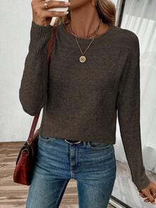 EMERY ROSE Autumn/Winter New Loose Fit Casual Crew Neck Pullover Sweater - Coffee Brown - View 4