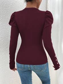 EMERY ROSE Women's Solid Color Casual Long Sleeve T-Shirts, Versatile & Minimalist - Burgundy - View 2