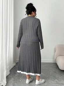 Elenzga 女士优雅时尚宽松长袖纽扣上衣和裙子毛衣套装、外套、派对装、秋冬 - 灰色 - 查看 5