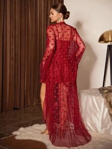 Slumberist Women's Sexy Sheer Heart Mesh Patchwork Ruffle Trim Camisole Dress With Robe Set - Burgundy - View 2