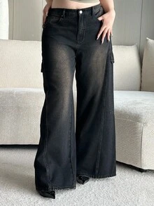 Dazy Plus Jeans en denim à jambes larges et lâches, taille élastique, grande taille, toutes saisons - Noir - Voir 4