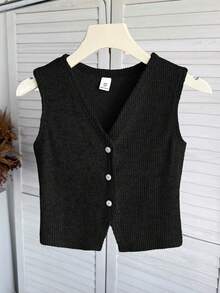 SHEIN Tween Girl Casual Solid Khaki Ribbed Knit Top Cute Black Tops Girls Tops Black Top For Kids Girl Front Open Black Top