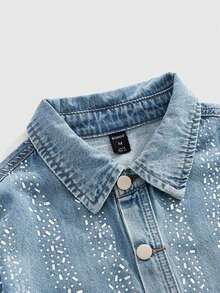 ROMWE MEN Street Life Men's Rhinestone Embellished Front Button Casual Long Sleeve Denim Shirt - Blue - View 5