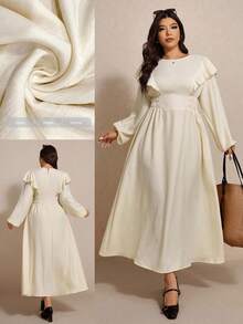 Elaquor Plus Size Casual Solid Color Ruffle Hem Dress Plus Size Church Dress Plus Size Modest Dress Curve Elegant Dress Plus Size Cream Dress Dress Modest Plus Size Cream Ruffle Dress Cream Dress Plus Size
