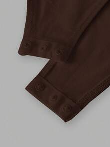 SHEIN Essnce 大码女士时尚休闲通勤商务休闲年轻商务职业内衣两件套，黑色、酒红色、锚红色多件套紧身包臀方领长袖连体衣 - 咖啡棕 - 查看 10