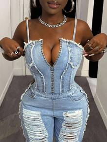 SHEIN SXY Damen Jumpsuit in Große Größen, Modischer Lässig-Stil mit Perlen besetzt und Destroyed-Effekt - Helle Waschung - Übersicht 3