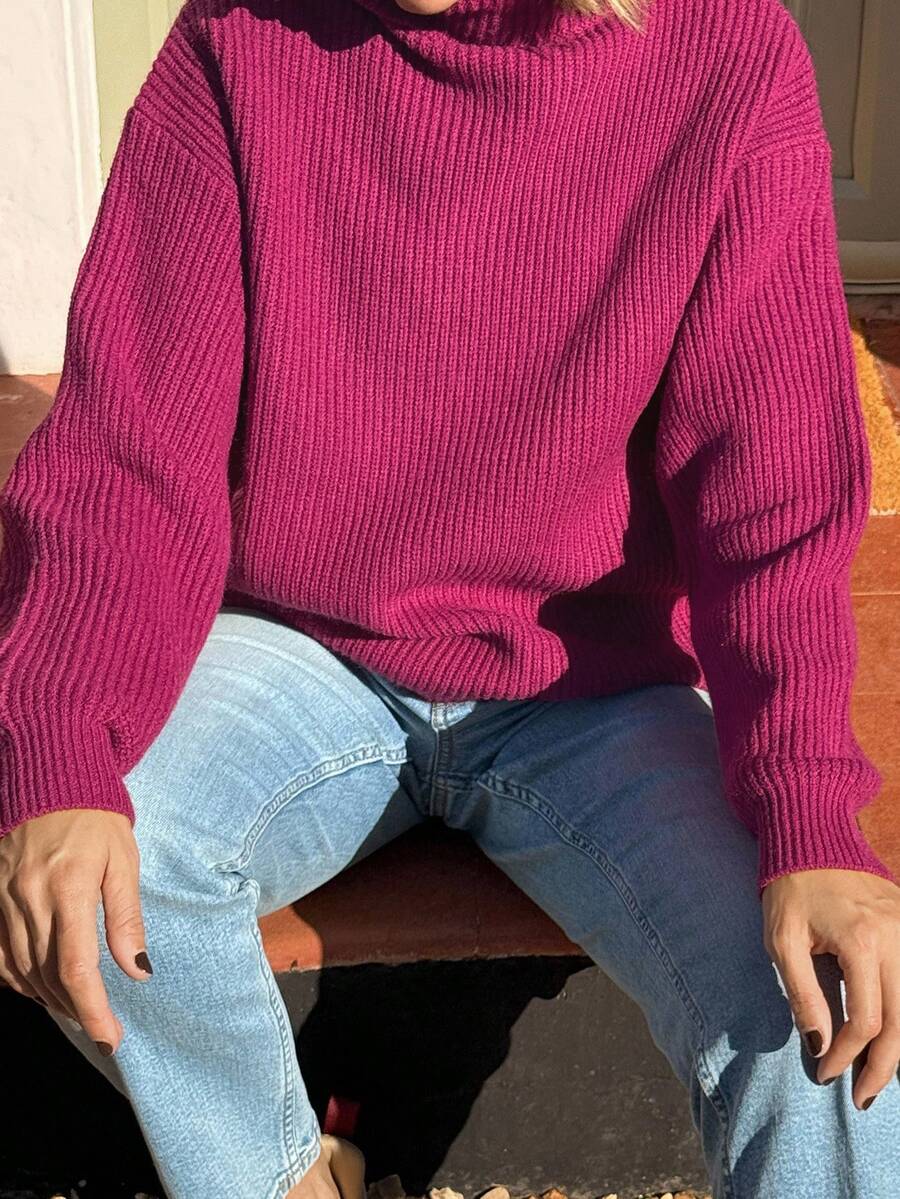 Vivie Lora Women's Loose Fit Turtleneck Solid Fuchsia Sweater - Pink - View 1