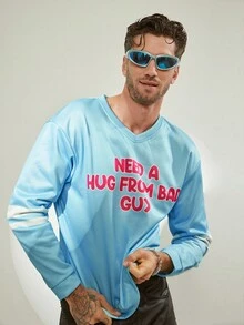 FeverCity Men's Casual Slogan Print V-Neck Long Sleeve Pullover Sweatshirt, Autumn, For Fall Winter - Blue - View 1