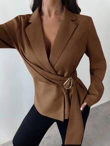 Firerie Áo khoác vest nữ chất liệu giả lanh màu be đính kim loại/Mùa thu/Mùa thu/Mùa thu/Trở lại trường học/Dự tiệc/Phong cách công sở/Phong cách cổ điển/Công sở/Đi chơi - Lạc đà - Xem 3