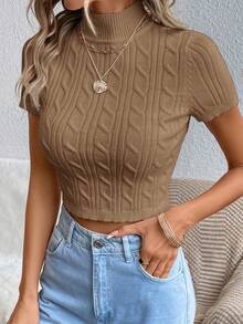 Siren Gaze Women's Solid Color High Neck Raglan Short Sleeve Casual Twist Knit Cropped Top Autumn Winter Clothes For Women Summer - Camel - View 4